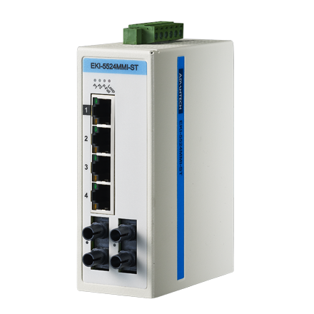EKI-5524MMI-ST - 4 порта Fast Ethernet +2 порта Multi-Mode FX, -40...75C - промышленный коммутатор ProView от Advantech с расширенным температурным диапазоном.